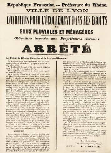 République française. Préfecture du Rhône. Ville de Lyon. Conduites pour l'écoulement dans les égouts des eaux pluviales et ménagères. Obligations imposées aux propriétaires riverains. Arrêté du préfet ; Affiches administratives, 10/10/1878 Archives municipales de Lyon, 6FI8843