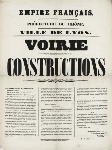 Interdiction de construire ou réparer des bâtiments en pisé dans l’enceinte de la ville de Lyon et à Villeurbanne, suite aux inondations ; Affiche typographique, 19 juin 1856 Archives municipales de Lyon, 6FI/8900
