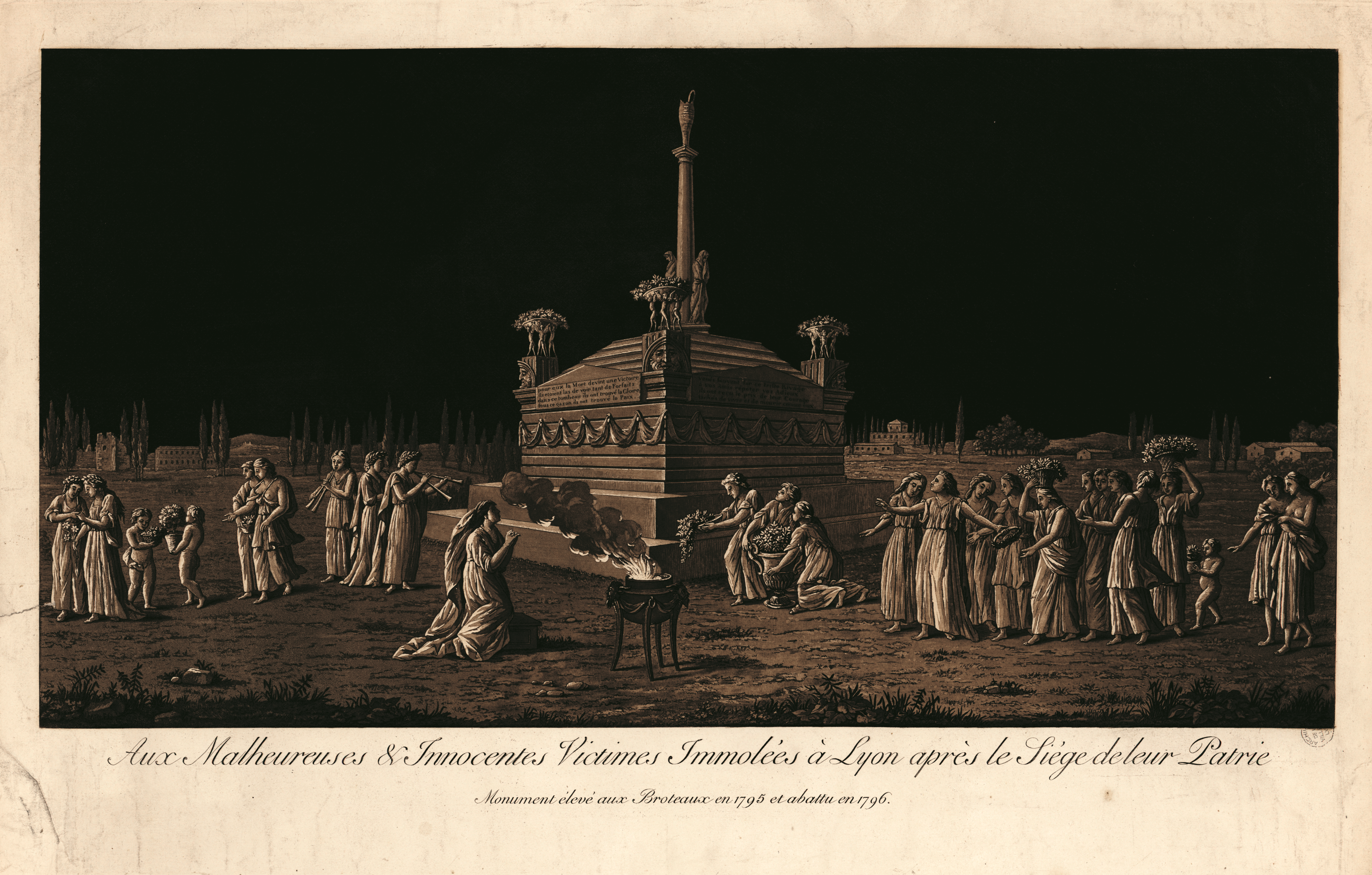 Aux malheureuses et innocentes victimes immolées à Lyon après le siège de leur patrie, monument élevé aux Broteaux en 1795 et abattu en 1796 ; Claude Ennemond Balthazar Cochet (Lyon, 1760 - 1835), architecte français ; Papier, 1796-1799 Archives municipales de Lyon, 16FI/172