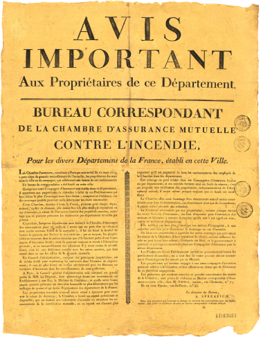 Avis important aux propriétaires de ce département. Bureau correspondant de la chambre d'assurance mutuelle contre l'incendie pour les divers départements de la France, établi en cette ville ; Affiches publicitaires, 1819 Archives municipales de Lyon,	6FI3683