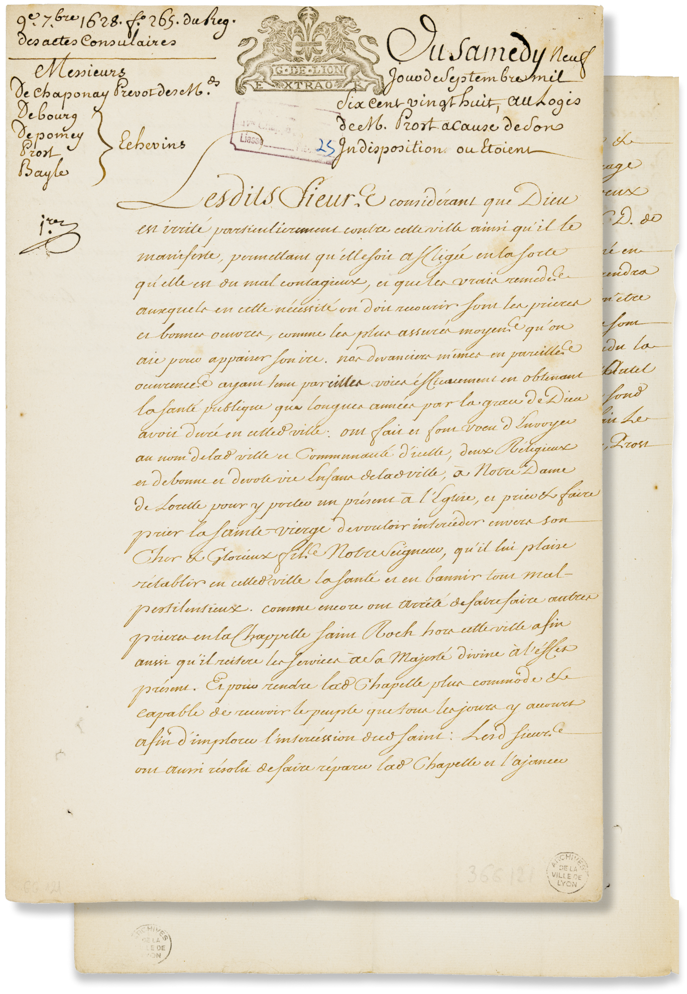 Envoi de deux religieux porteurs d’un présent à Notre-Dame de Lorette (Italie) pour obtenir son intercession contre la peste à Lyon ; Acte consulaire, manuscrit, 9 septembre 1628 Archives municipales de Lyon, 3GG/121
