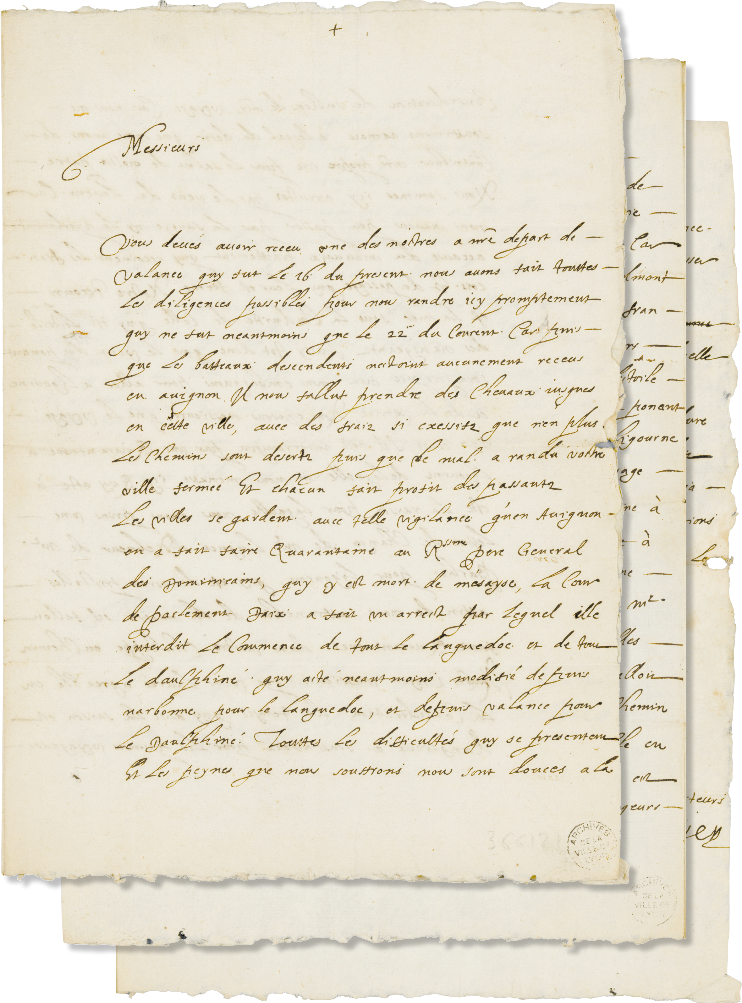 Courrier des pères Tournier et Mellier, frères minimes envoyés à Lorette pour obtenir l’intercession de la Vierge contre la peste à Lyon ; à Marseille, le 27 octobre 1628 Archives municipales de Lyon, 3GG/121