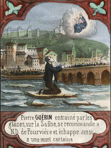 Le voeu de Pierre Guérin ; M. Lanoue ; “Souvenir du pélerinage à Notre Dame de Fourvière de Lyon”, imp. Bernasconi, 1864, détail Bibliothèque municipale de Lyon, Estampe Chomarat 10961