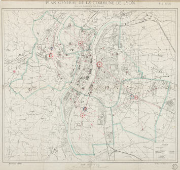 Plan de Lyon indiquant les périmètres d'action des nouveaux postes permanents Additions manuscrites, sur un plan imprimé de 1898, échelle : 1/20 000e, 1907 Archives municipales de Lyon, 3S/438