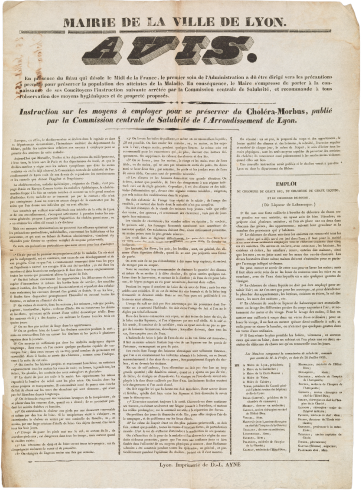 Mairie de la ville de Lyon. Avis. Instructions pour se préserver du CHoléra-Morbus ; Affiche administrative, 28 juillet 1835 Archives municipales de Lyon, 5I/9