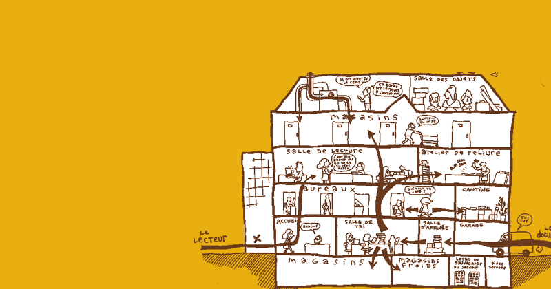 Dessin de l'activité du services des Archives de Lyon par Nicolas Wild et Erwann Surcouf