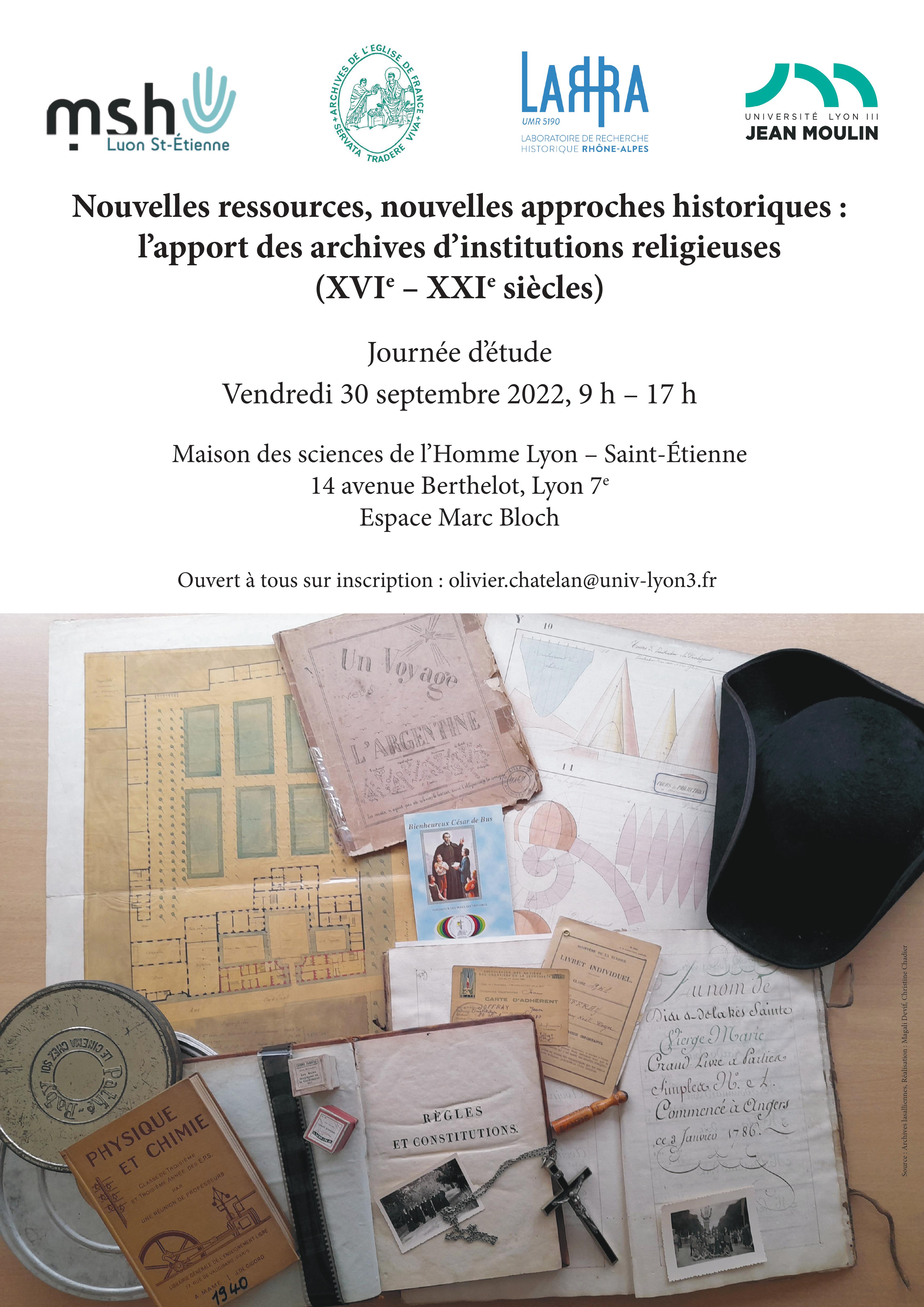 Journée d'études “Nouvelles ressources, nouvelles approches historiques : l’apport des archives des institutions religieuses (XVIe -XXIe siècles)” : affiche (30/09/2022)
