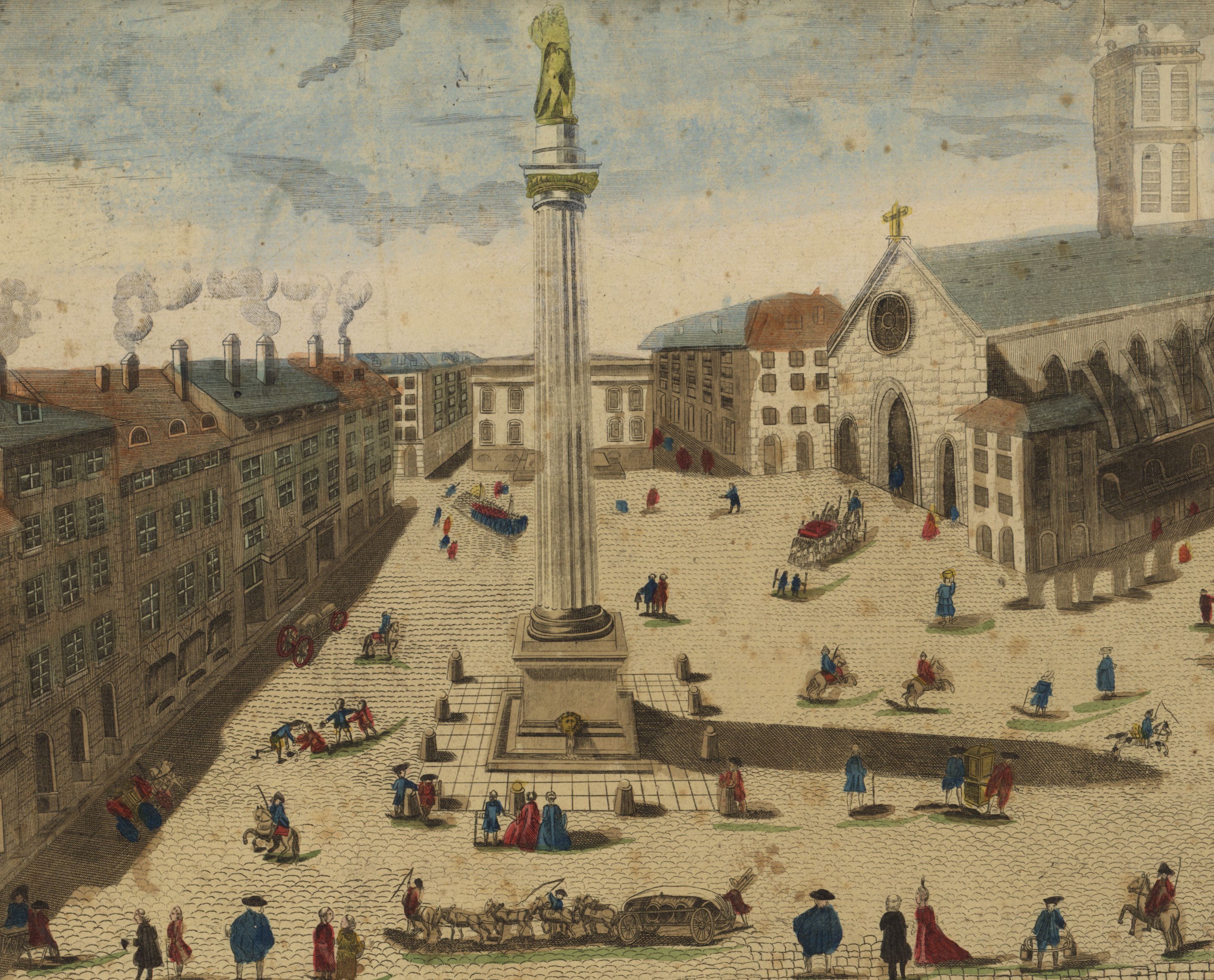 Vue de la place des Cordeliers à Lyon, avec la colonne d'Uranie et la salle de concert : vue d'optique (2e moitié du 18e siècle, cote 16Fi 472, détail)