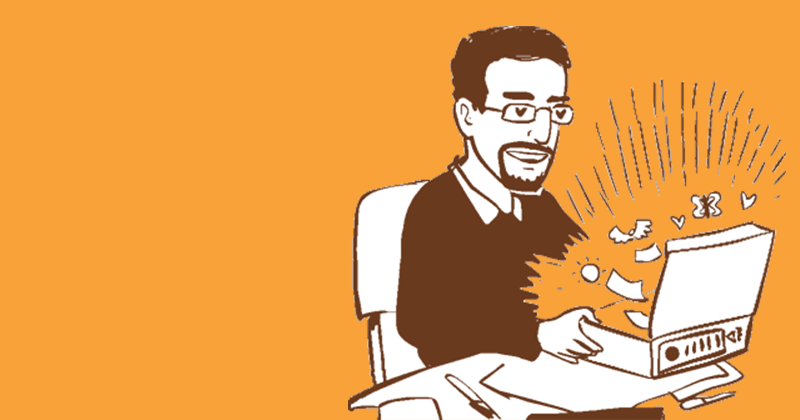 Dessin d'un lecteur consultant une boite d'archives par Erwann Surcouf