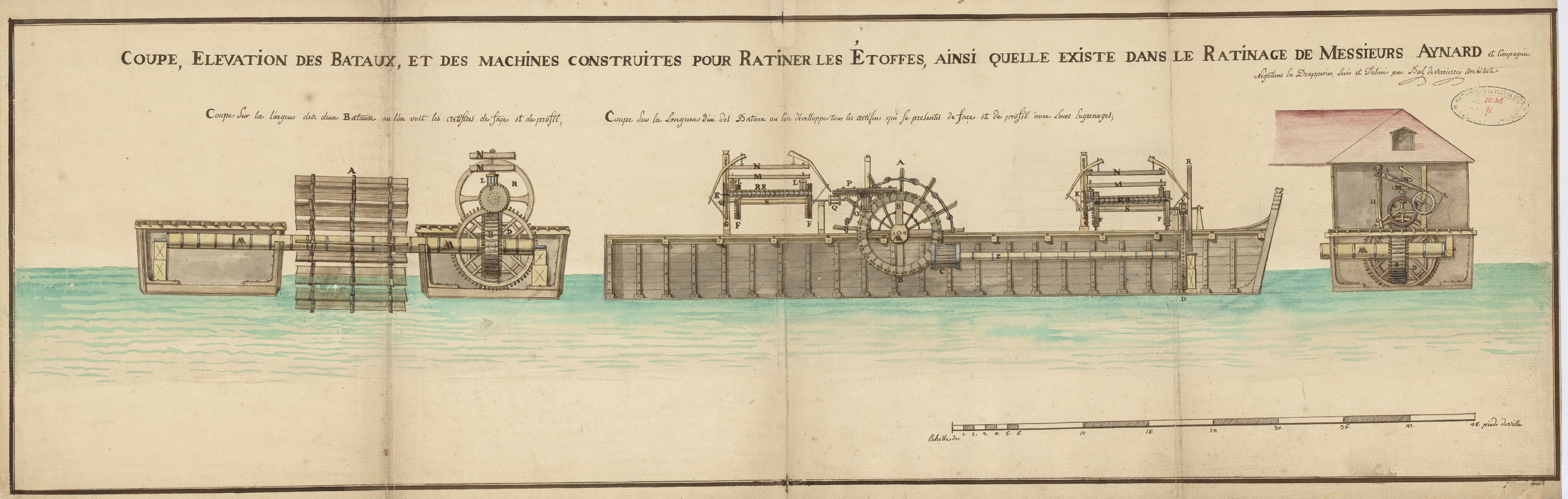 Coupe, élévation des bateaux et des machines construites pour ratiner les étoffes - 1785  2S/939