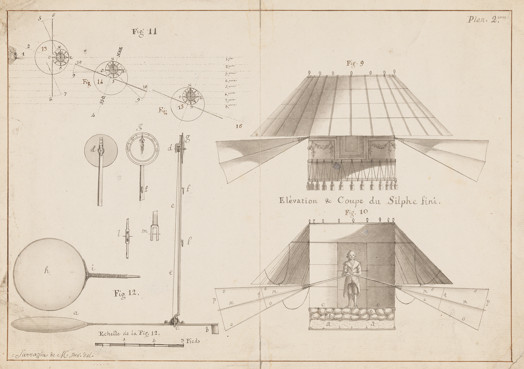 Projet d’aérostat dirigeable - Elévation et coupe du Silphe fini - vers 1784 3S/144