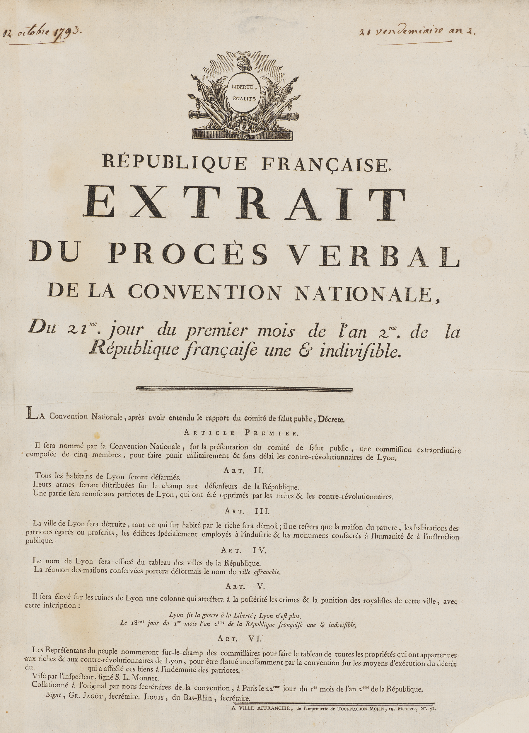 Procès verbal de la Convention nationale, 9 octobre 1793 - 936w128