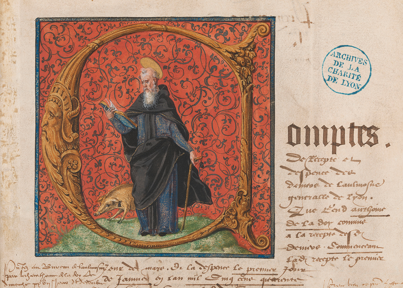 Lettre ornée d'un registre de Comptes de trésorier de l'Aumône Générale - 1550-1551 Archives de Hospices civils de Lyon - CH/E/162