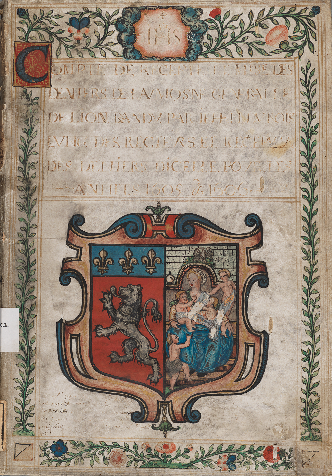 Couverture d'un registre de compte de la Charité aux armes de l'Hôpital - 1605-1606 Archives des Hospices civils de Lyon - CH/E/219