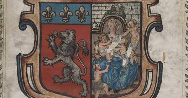 Détail de la couverture d'un registre de compte de la Charité aux armes de l'Hôpital - 1605-1606  Archives des Hospices civils de Lyon - CH/E/219