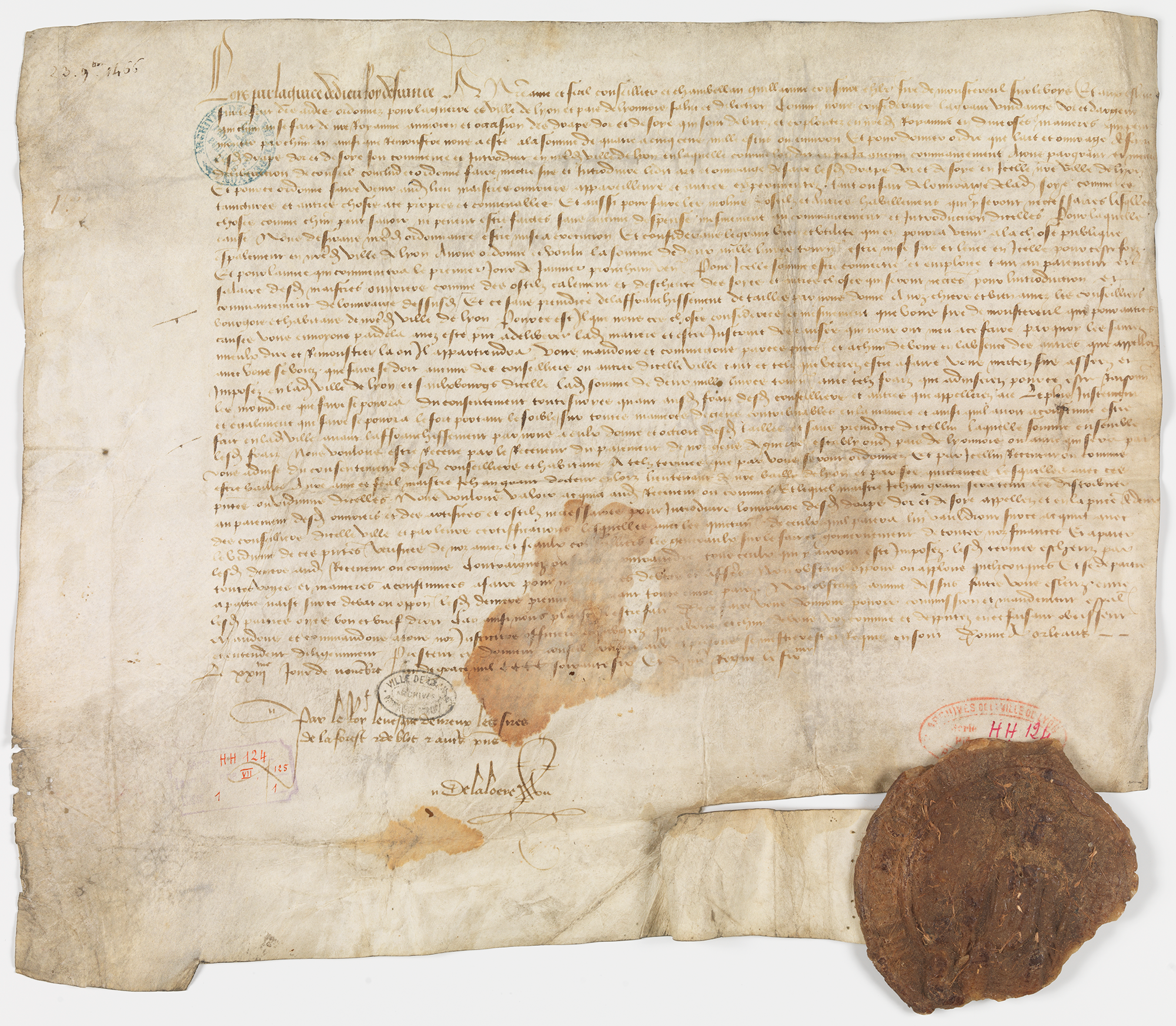 Ordonnance du roi Louis XI autorisant, à Lyon, la création de manufactures de soierie sans taxe - 1466 HH/124