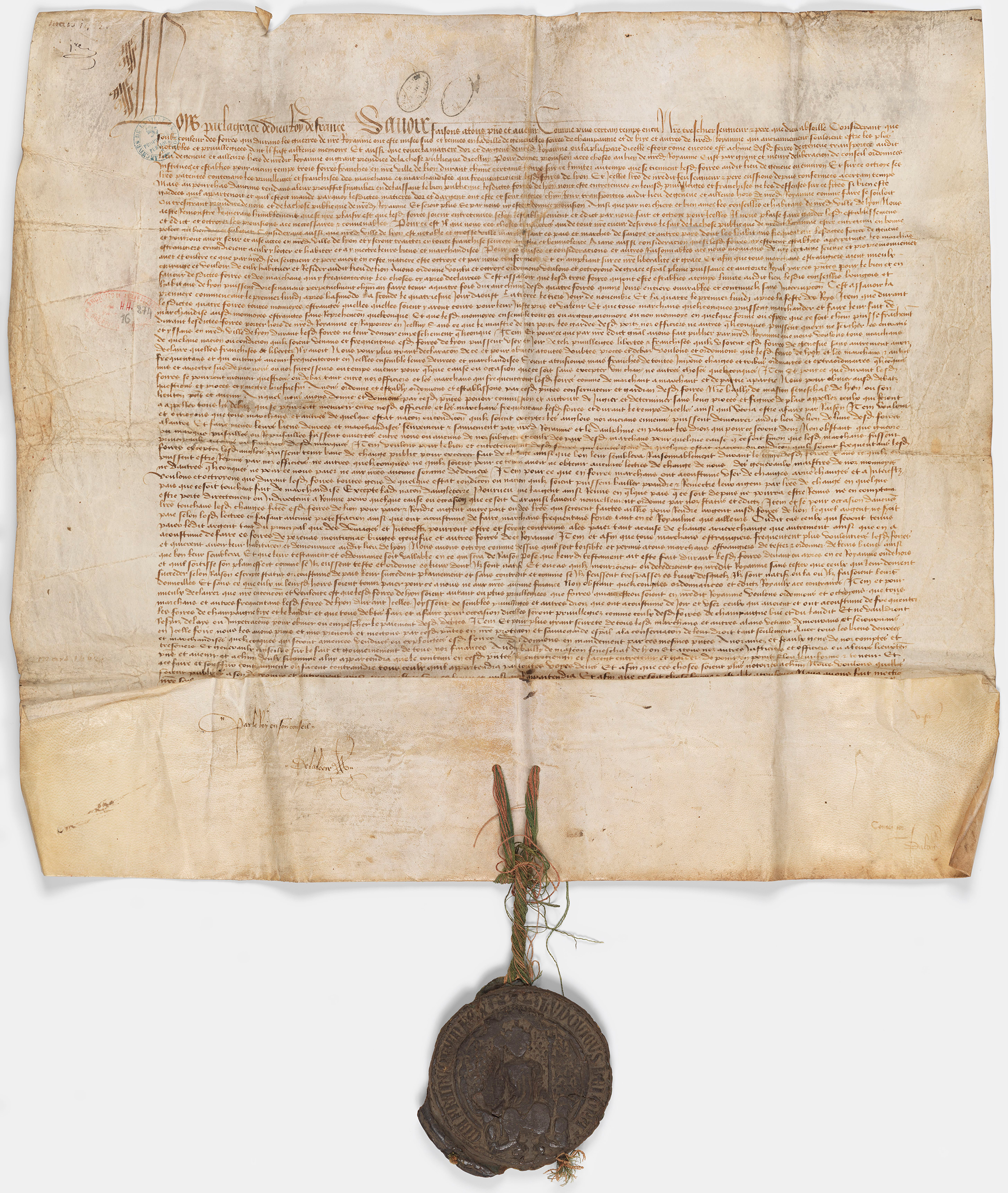 Lettres patentes du roi Louis XI autorisant les quatre foires annuelles de Lyon - Mars 1463 HH/274