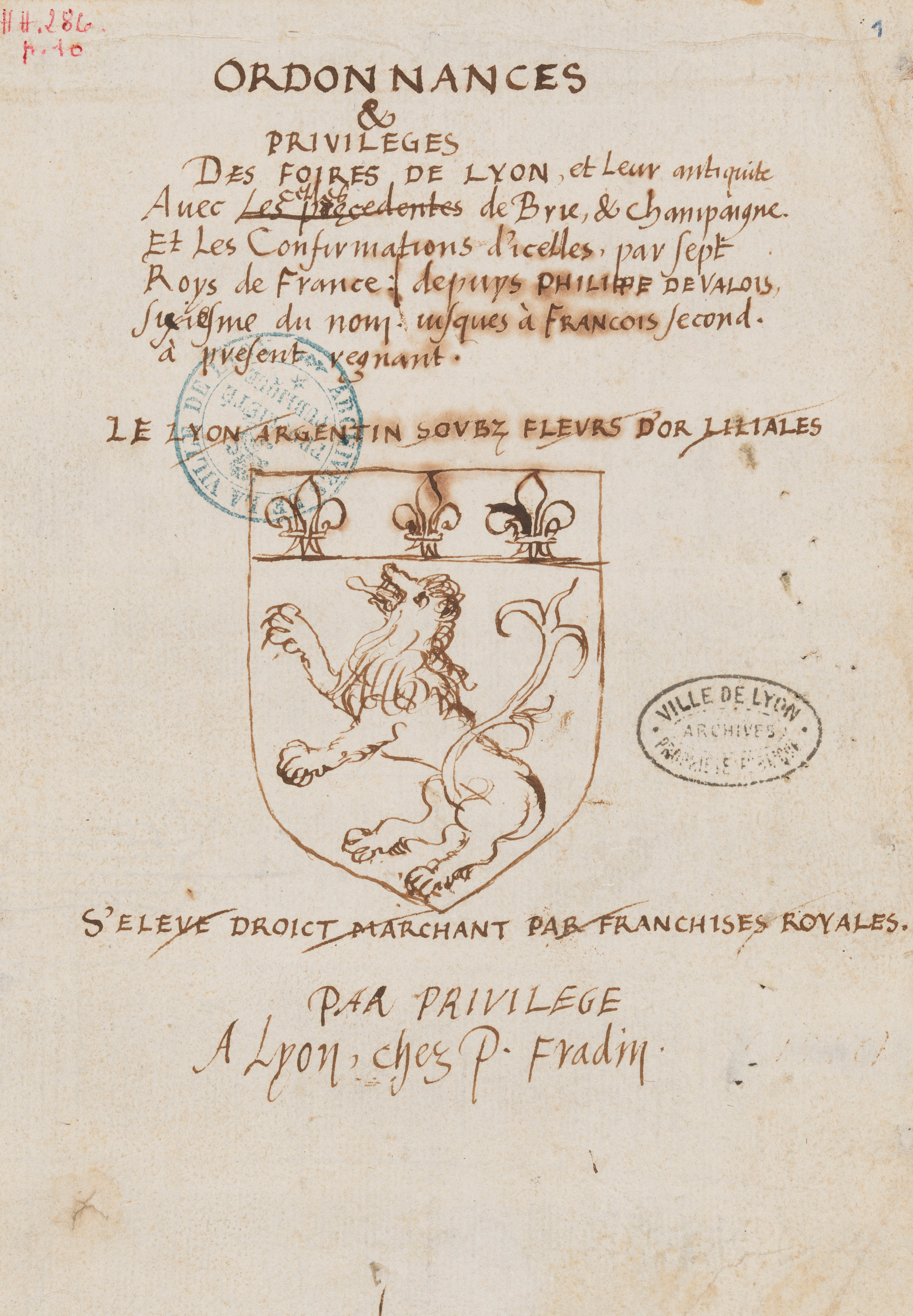 Première page des Ordonnances et privilèges des foires de Lyon - 1550-1551 HH/286