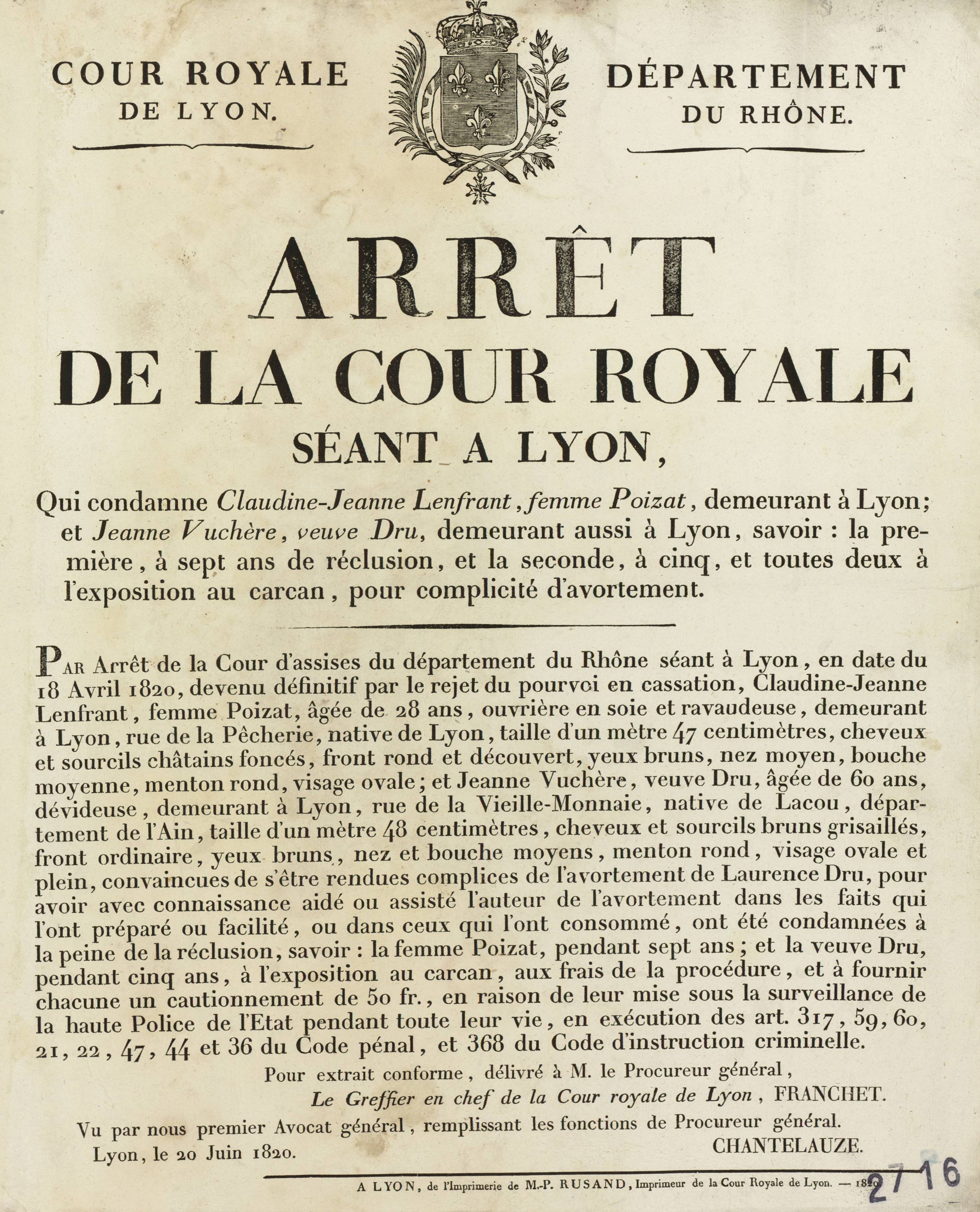 Condamnation de 2 femmes à Lyon pour avortement : arrêt de la cour royale (20/06/1820, cote 936W/2716)