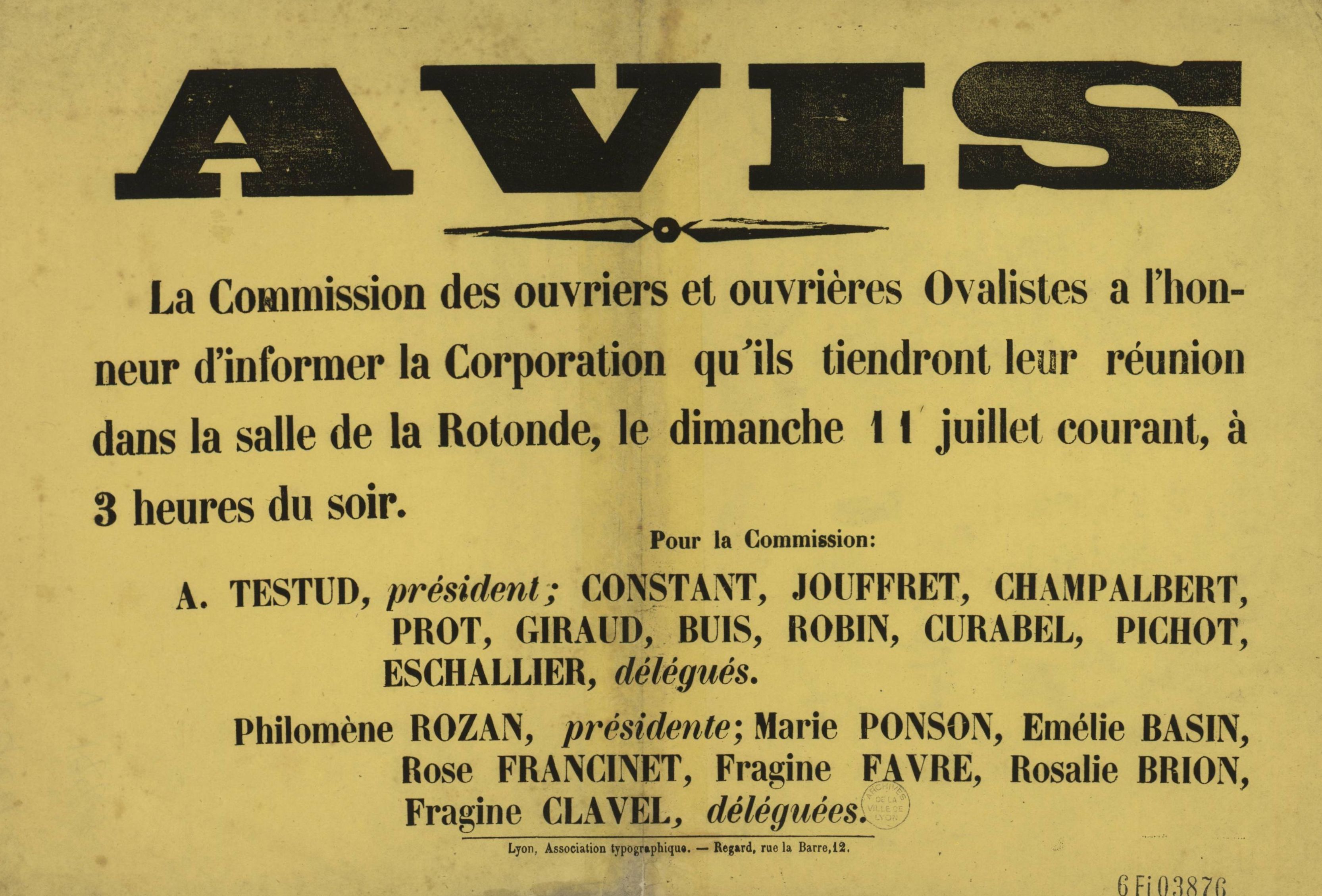 Avis de réunion de la commission des ouvriers et ouvrières ovalistes : affiche imprimée (07/1869, cote 6FI/3876)