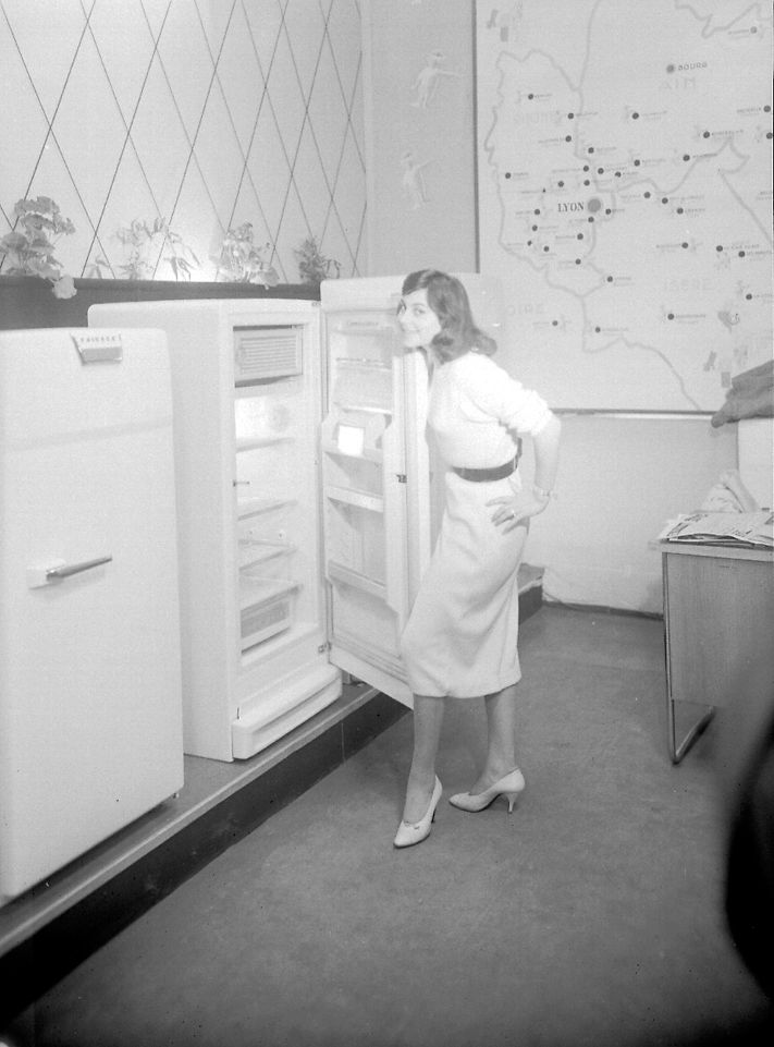 Foire de Lyon, démonstratrice présentant des réfrigérateurs sur un stand d'exposition : photo. négative sur film souple d'Edmond Pernet (1957, cote 8PH/1158)