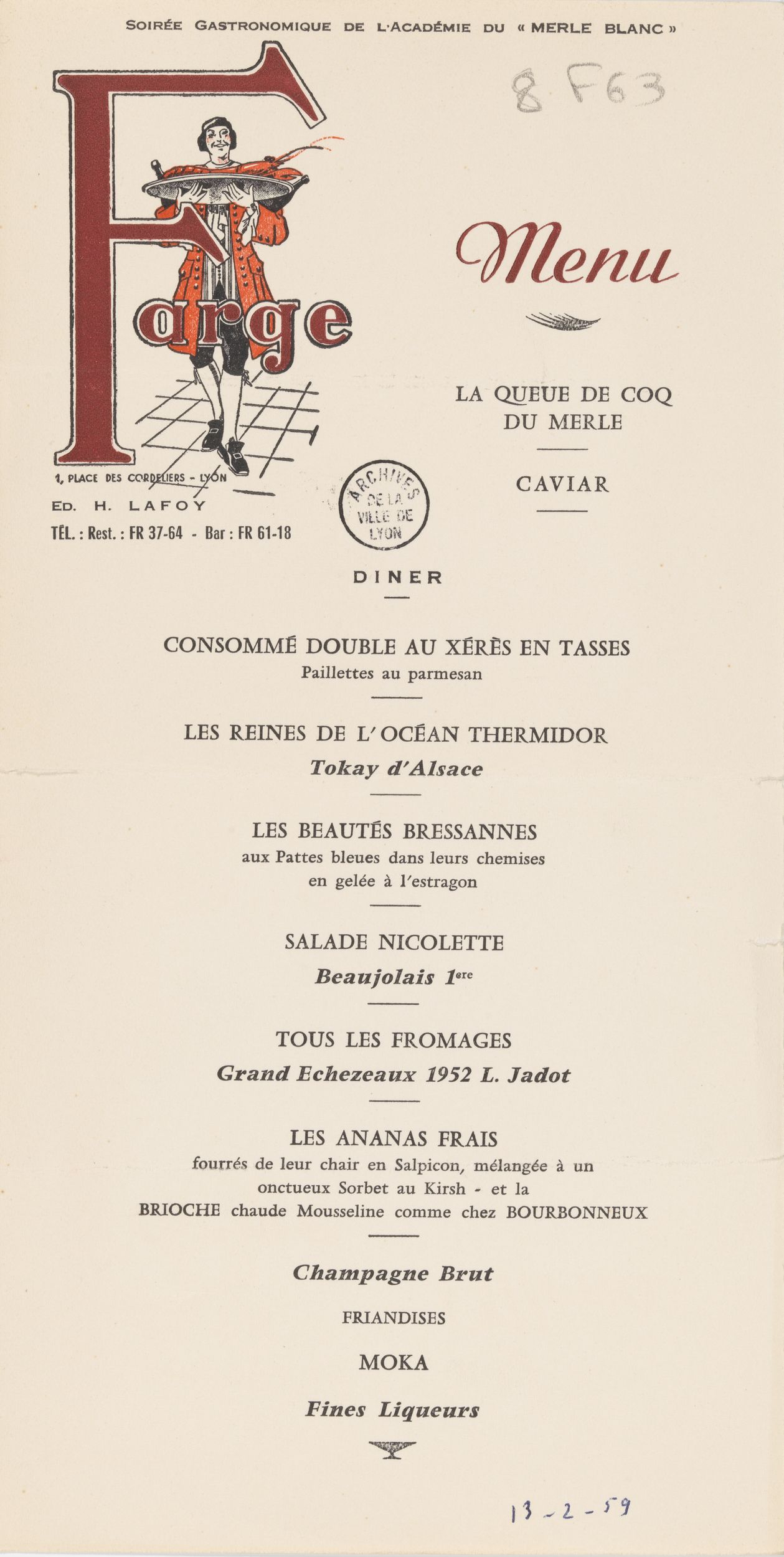 Soirée gastronomique de l'Académie du "Merle blanc" : menu chez Farge (13/02/1959, cote 5FIP/103)