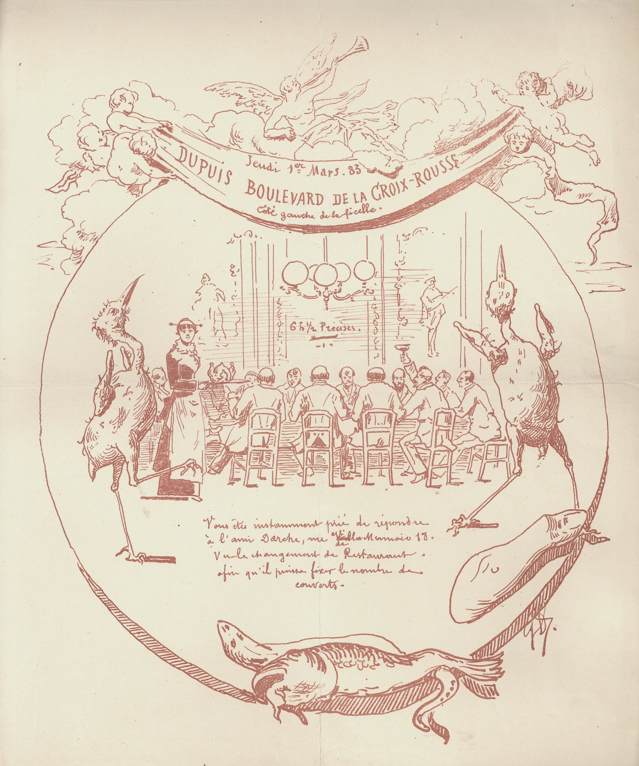 Repas des imagiers lyonnais : invitation dessinée par G. Besson (1883, cote 5FIP/26)