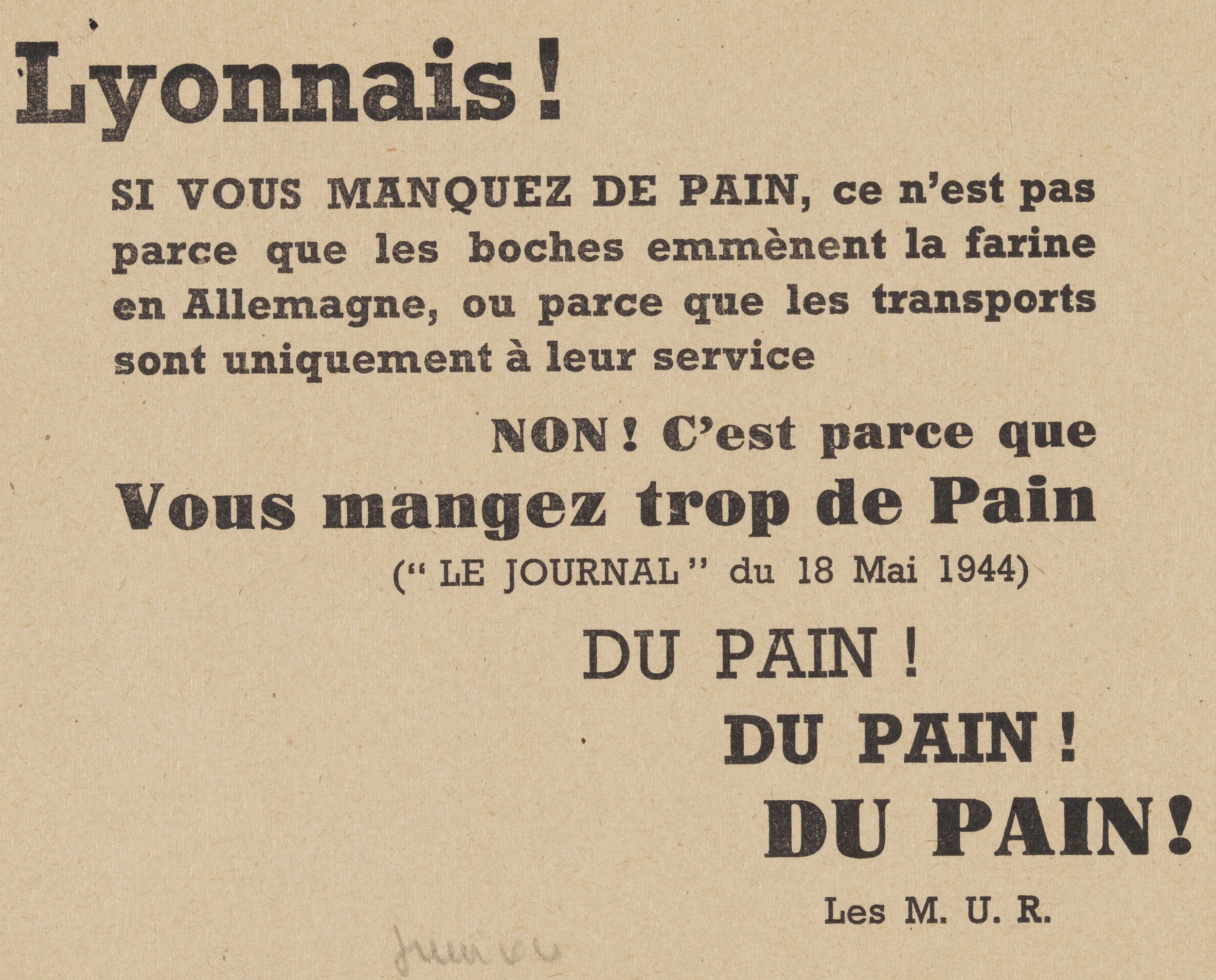 Du pain : tract des Mouvements Unis de la Résistance (036/1944, cote 5FIP/91)
