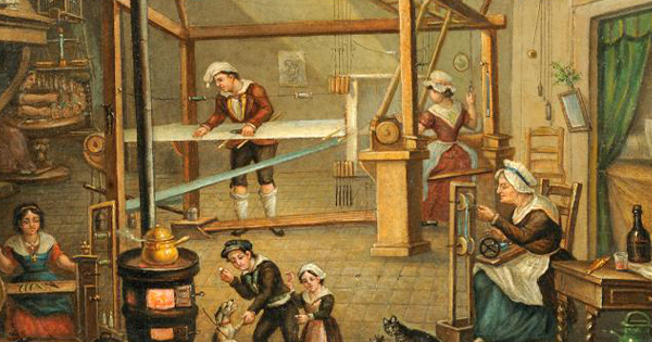 personnes dans un atelier de soierie 