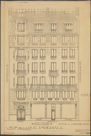 Façade de l’immeuble 73 rue de la République, Bissuel architecte (membre de la SAAL) (1914, cote : 167II/65)
