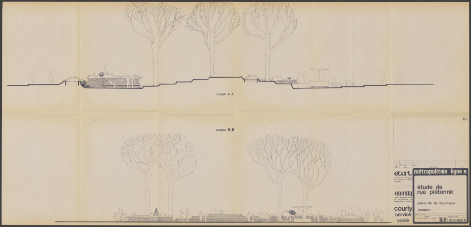 Plan d’aménagement piéton de la rue de la République par la Semaly, 1975, détail - Archives municipales de Lyon, 1469WP/201