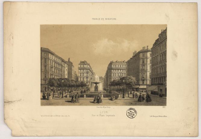 Rue et place Impériale à Lyon, dessin par Deroy, lithographie Becquet frères, extrait de France en miniature, Paris E. Morier éditeur - Archives municipales de Lyon, 16FI/246