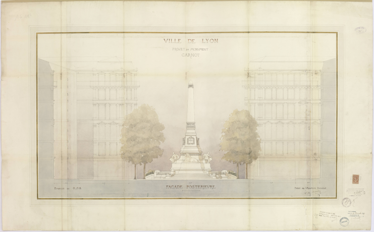 Charles Naudin, architecte, Henri Gauquié statuaire, projet du monument à Carnot, 26 janvier 1897, élévation manuscrite, encre et lavis - Archives municipales de Lyon, 1S178