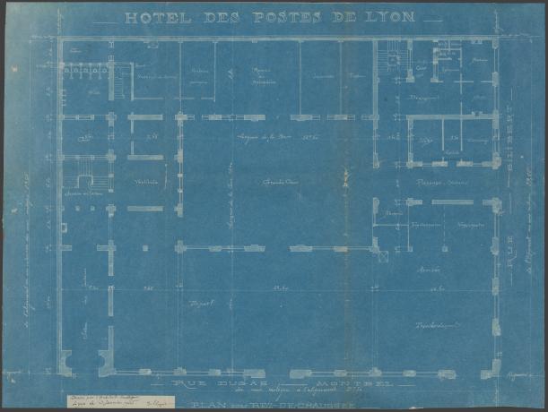 Hôtel des Postes, plan du rez-de-chaussée par Jean Clapot, architecte (1905, cote : 314W/237, dossier 11)