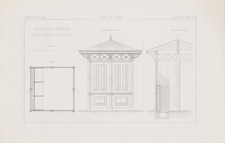 Portefeuille municipal de la voirie, urinoirs de la place Bellecour :  estampe NB (1875-1880, cote : 3SAT/11, pl. 24)