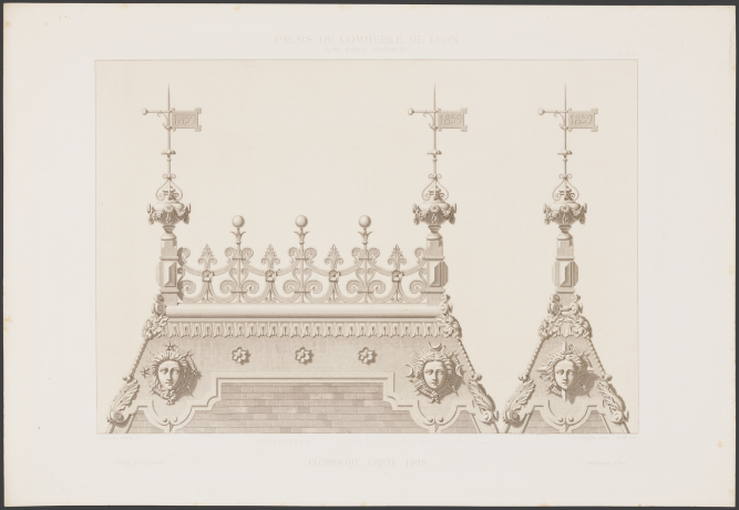 Monographie du Palais du commerce par René Dardel, plomberie, crête, épis : estampe NB (1868, cote : 3SAT/31)