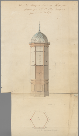 Kiosques lumineux de M. Bouillon-Rivoire, projet d’installation place de la République : dessin couleur  (12/11/1868, cote : 925WP/243)