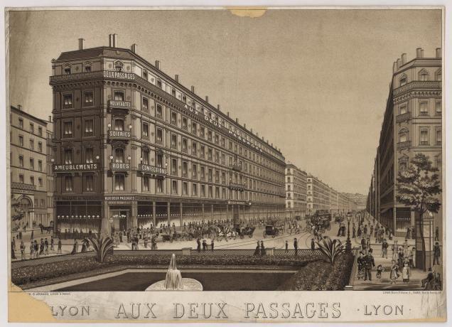 Bâtiment Aux Deux Passages (actuel Printemps) rue de la République, lithographie de Ch. B. Arnaud (après 1859, cote : 16FI/251)