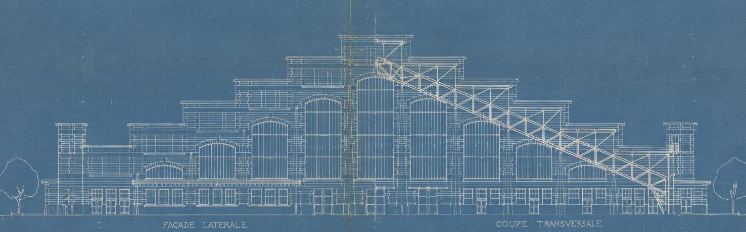Façades et coupes du marché aux bestiaux des abattoirs de la Mouche, 15 mai 1908, diazographie. 1S/227