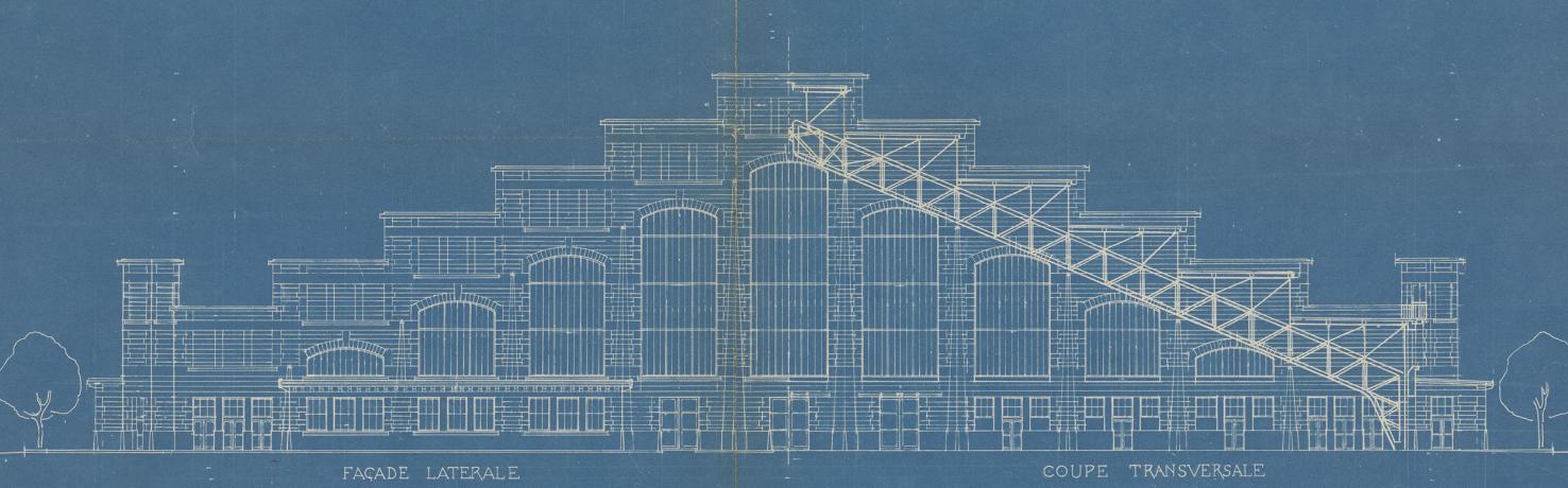 Façades et coupes du marché aux bestiaux des abattoirs de la Mouche, 15 mai 1908, diazographie. 1S/227