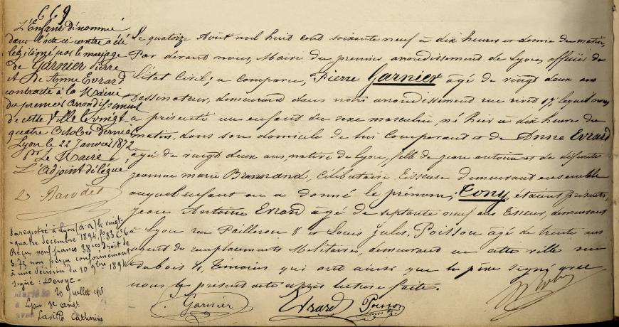 Acte de naissance de Tony Garnier, architecte, avec en marge la preuve de sa légitimation (13/08/1869, cote : 2E/546, acte 669)