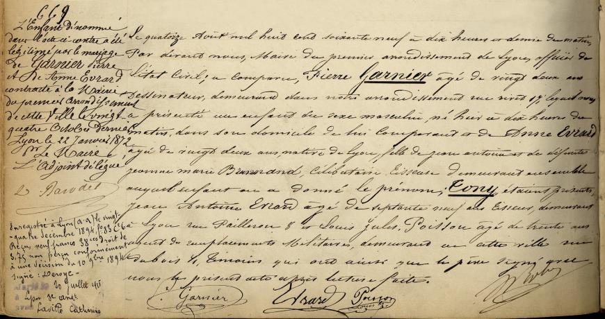 Acte de naissance de Tony Garnier, architecte, avec en marge la preuve de sa légitimation (13/08/1869, cote : 2E/546, acte 669)