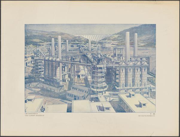 Une cité industrielle de Tony Garnier : les hauts fourneaux (1918-1919, cote : 3SAT/2 pl. 164)