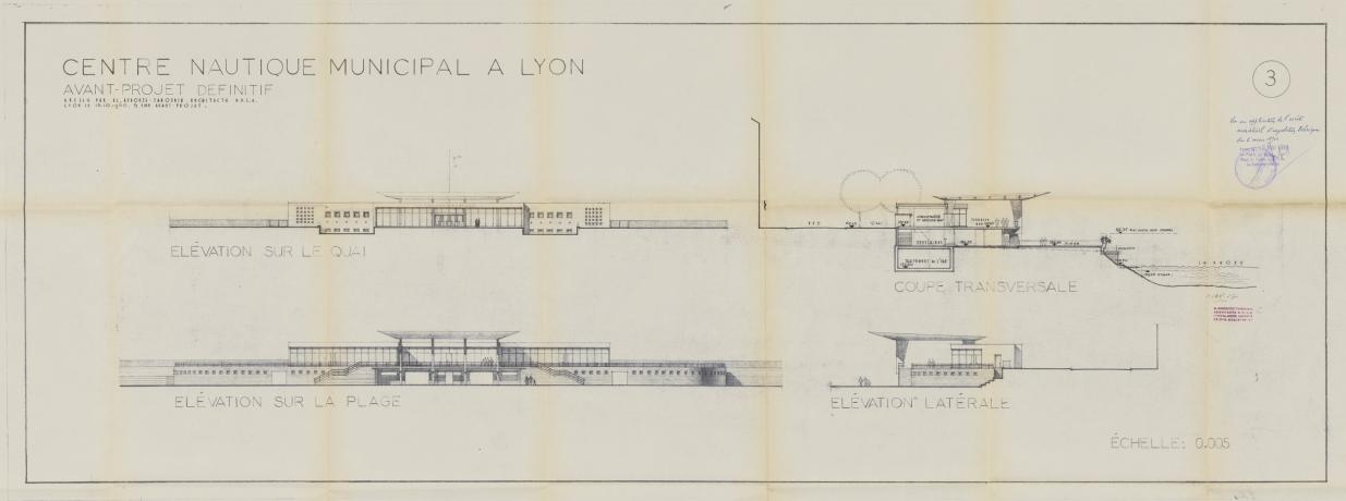 Elévations sur le quai, sur la plage et latérale ; coupe transversale, 5e avant-projet (15/10/1960, cote : 425WP/169)