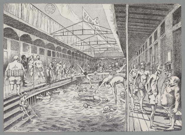 Les bateaux-piscines ou bèches en bord de Rhône, par Gustave Garnier dit Girrane (12/06/1892, 63FI/23)