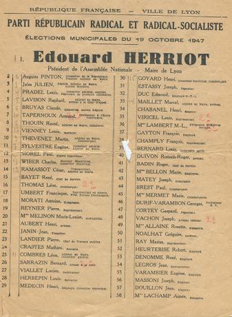 Elections municipales du 19/10/1947 : affiche de la liste présentée par Edouard Herriot (1947, fonds Louis Mandon, cote : 117II/1)