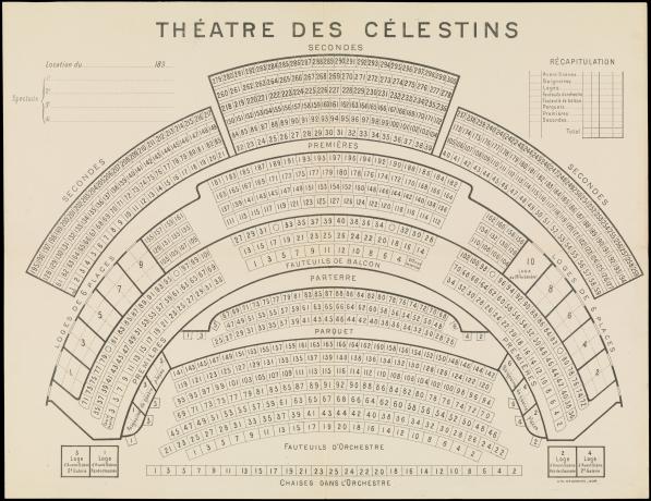 Théâtre des Célestins, plan pour la location des places, lithographie par Delaroche (1890, cote : 1480WP/188)