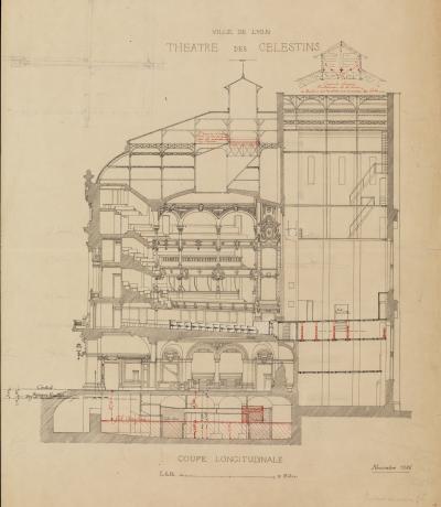 Théâtre des Célestins coupe longitudinale par Gaspard André pour l'installation du chauffage en sous-sol (1886, cote : 1480WP/92)