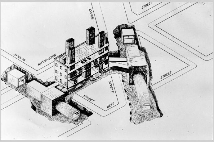 Tunnel de la Croix-Rousse, documentation préparatoire avec le schéma du tunnel construit sous la Mersey à Liverpool : tirage photo NB (vers 1930, cote : 15PH/1/262)