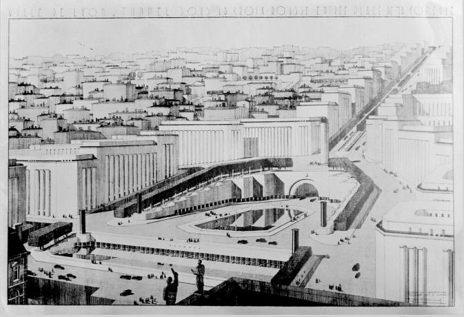 Tunnel de la Croix-Rousse, entrée place de la Comédie du projet non retenu de Camille Chalumeau et Robert Giroud : photo NB sur plaque de verre (1934, cote : 15PH/1/281)